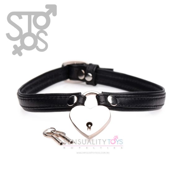 AG762-BLACK MATER SERIES - HEART LOCK LEATHER CHOKER W/ LOCK & KEY - BLACK - Imagen 2