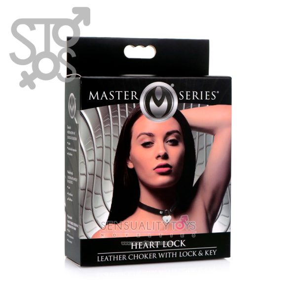 AG762-BLACK MATER SERIES - HEART LOCK LEATHER CHOKER W/ LOCK & KEY - BLACK