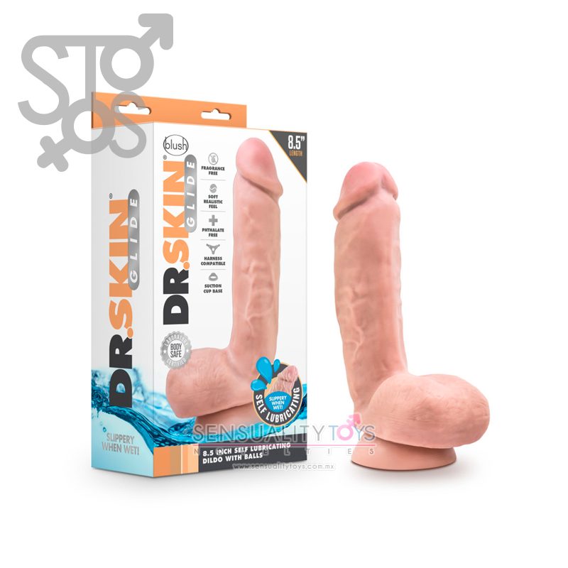 BL-52584 DR. SKIN GLIDE - 8.5 INCH LUBRICATING DILDO WITH BALLS - VANILLA