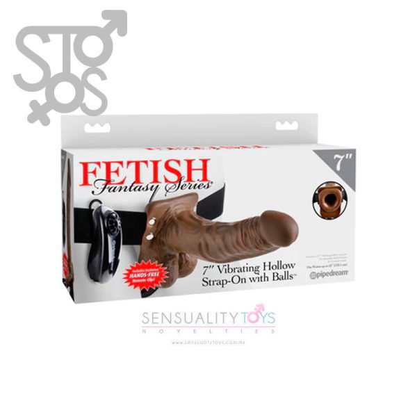 PD3376-29 FETISH FANTASY SERIES 7" VIBRATING HOLLOW STRAP-ON WITH BALLS - BROWN/BLACK