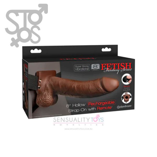PD3394-29 FETISH FANTASY SERIES 8" HOLLOW STRAP-ON WITH REMOTE - BROWN/BLACK
