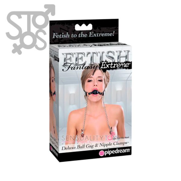 PD3671-23 FETISH FANTASY EXTREME DELUXE BALL GAG AND NIPPLE CLAMPS - SILVER/BLACK