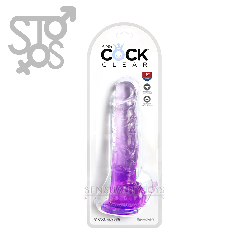 PD5756-12 King Cock Clear 8" with balls - Purple