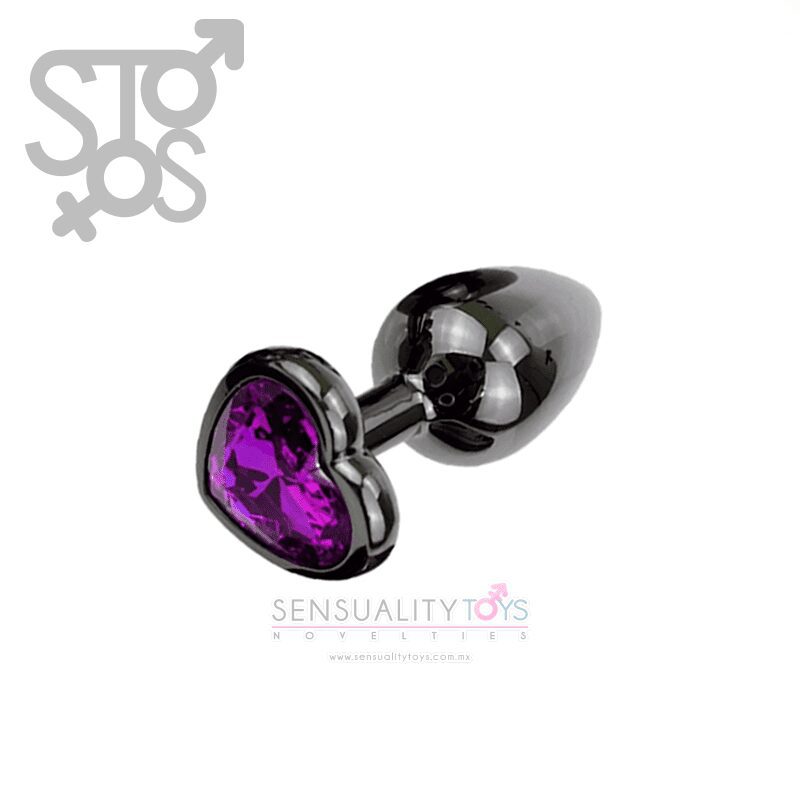 RY-018 PLUG ANAL HUMO METALICO - GRANDE - GEMA CORAZÓN - MORADA