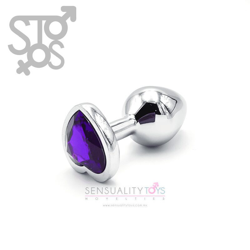 RY-019 PLUG ANAL PLATA - GRANDE - GEMA CORAZÓN - MORADA