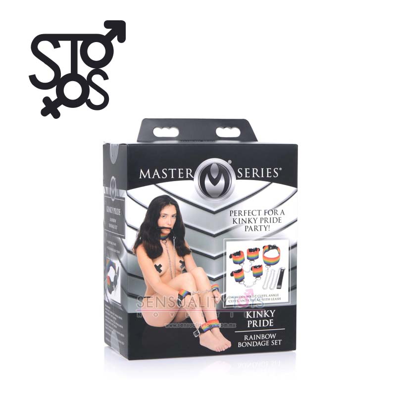 AG538 MASTER SERIES - KINKY PRIDE RAINBOW BONDAGE SET - WRIST & ANKLE CUFFS & COLLAR W/LEASH