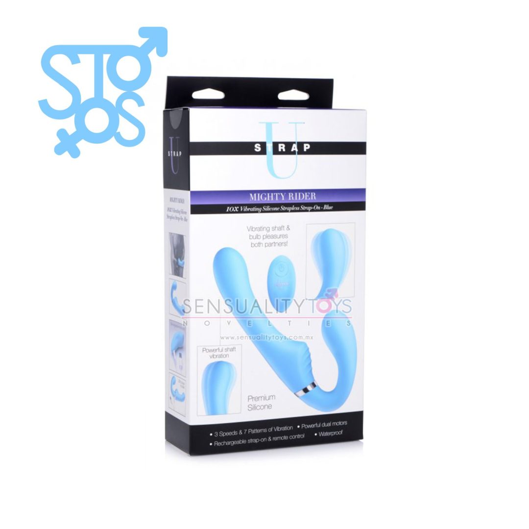 AG557-Blue 10X Mighty Rider Vibrating Silicone Strapless Strap-on
