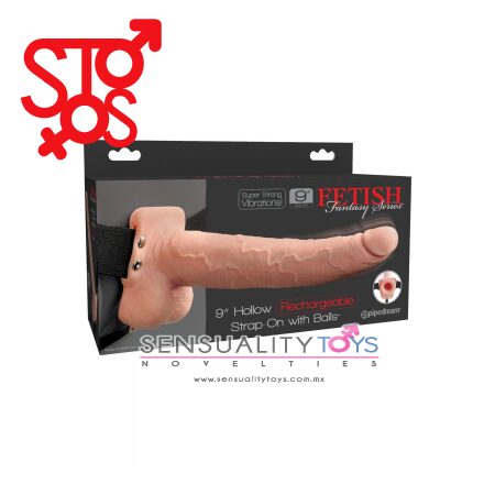 PD3392-21 FETISH FANTASY - 9" HOLLOW RECHARGEABLE STRAP-ON WITH BALLS