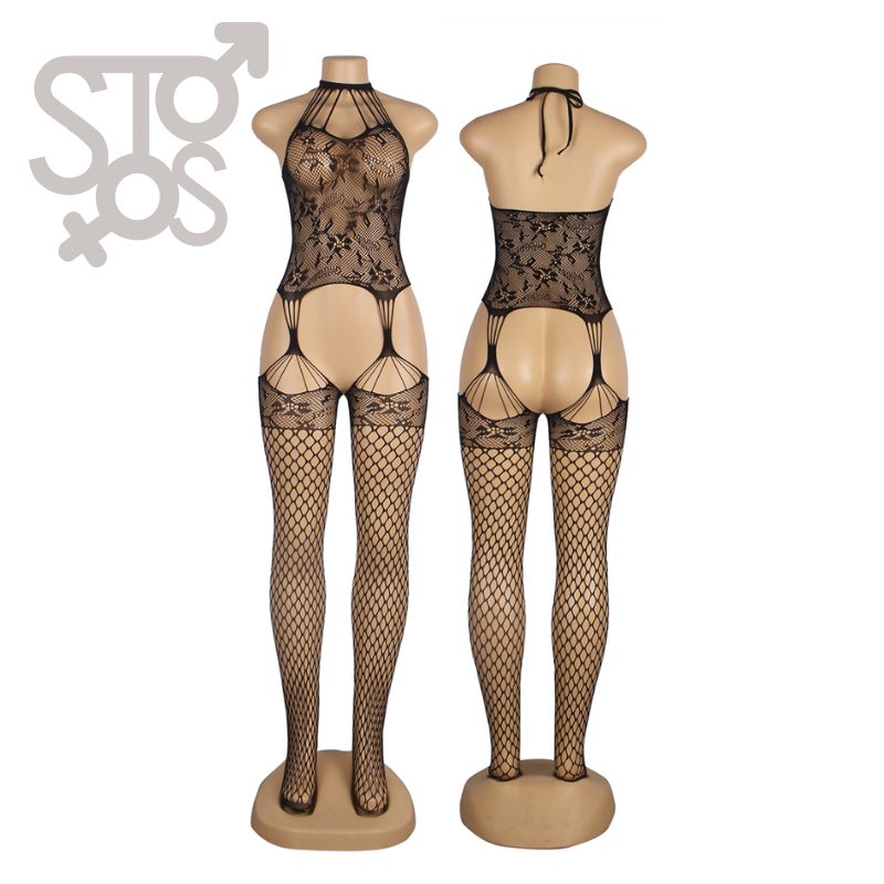 H3504 Halter Sexy Floral Patterns Hollow Out Netted Bodystocking - L-2XL