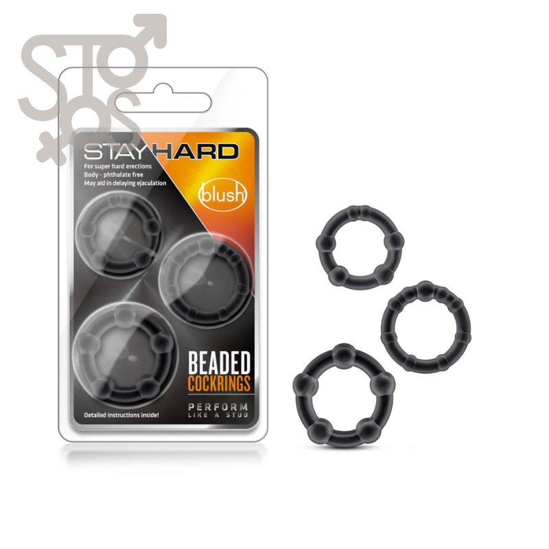 BL-00015 STAY HARD - BEADED COCK RINGS - BLACK