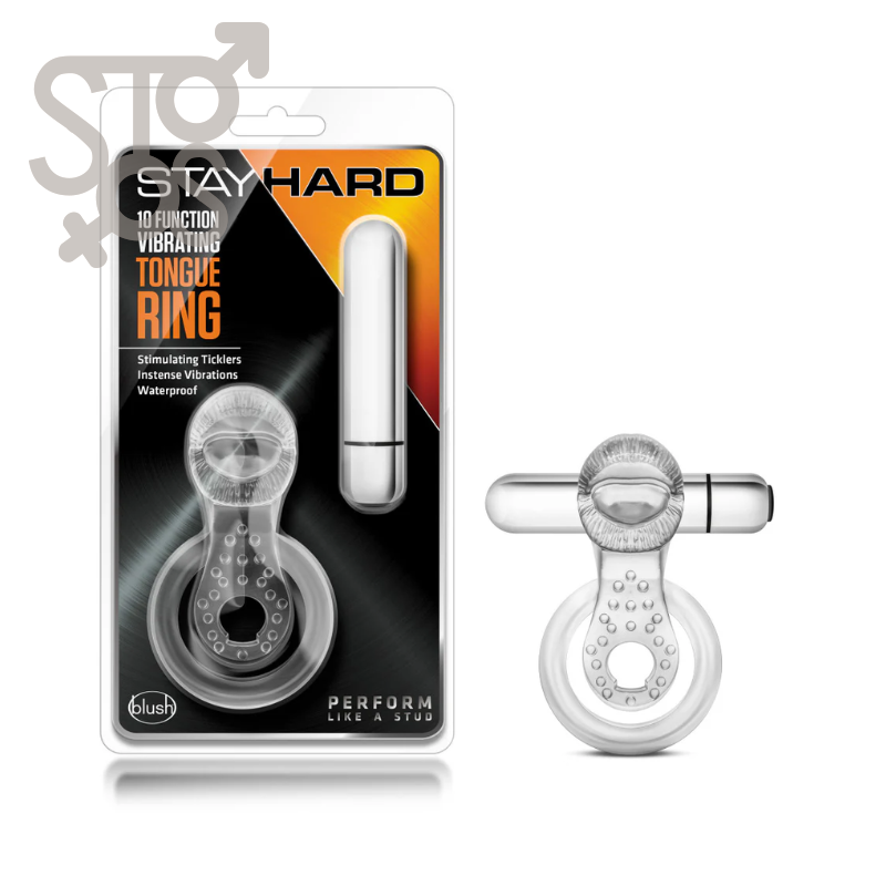 BL-66912 STAY HARD - 10 FUNCTION VIBRATING TONGUE RING - CLEAR